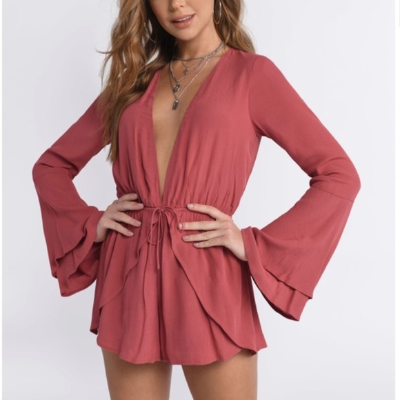 Tobi Double Over Double Belle Sleeve Romper Brick - Picture 2 of 10